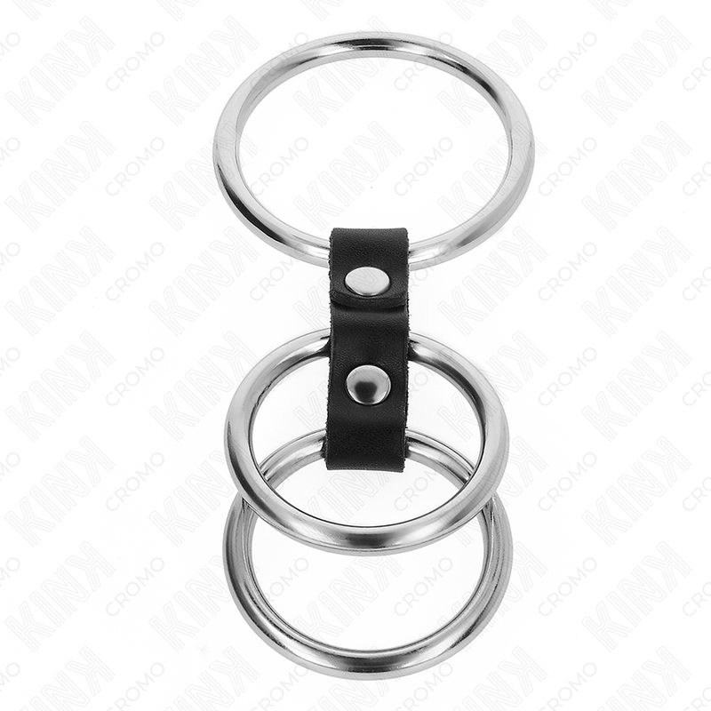 KINK – DREIFACHER PENISRING AUS METALL, 3,7 CM BIS 5 CM, MIT LEDER VERBUNDEN