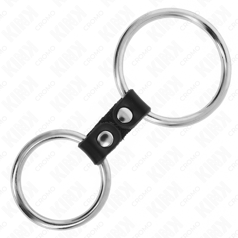 KINK – DOPPELTER METALL-PENISRING VON 3,7 CM BIS 5 CM, VERBUNDEN DURCH LEDERRIEMEN, MODELL 2