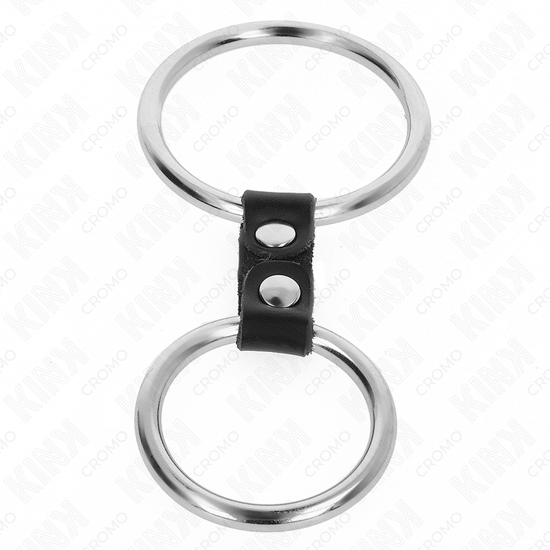 KINK – DOPPELTER METALL-PENISRING VON 3,7 CM BIS 5 CM, VERBUNDEN DURCH LEDERRIEMEN, MODELL 2