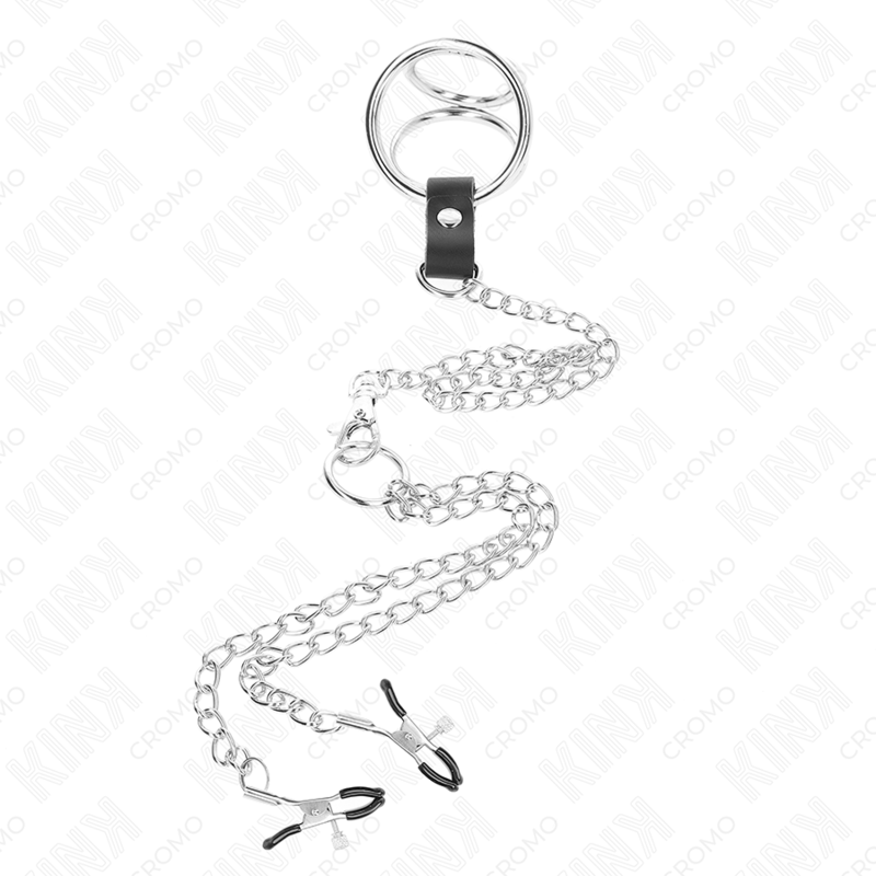 KINK – Dreifacher Penisring aus verchromtem Metall, 3 cm bis 4,5 cm, mit 26 cm Metallkette und Nippelklemmen