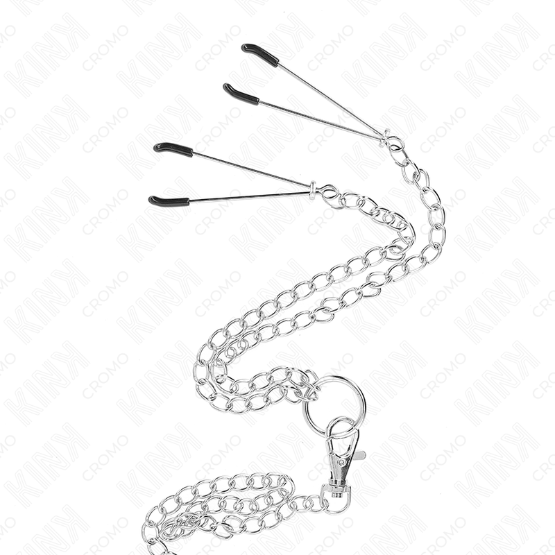 KINK – Dreifacher Penisring aus verchromtem Metall, 3,8 cm bis 5 cm, mit 26 cm Metallkette und Nippelklemmen, Modell 2