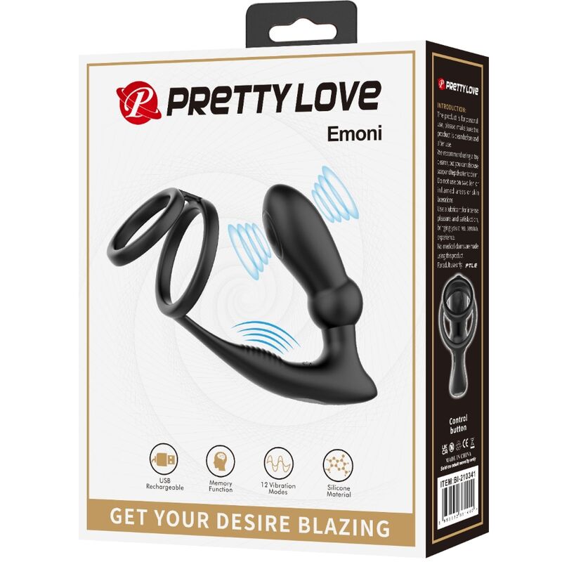 PRETTY LOVE – EMONI PENISRING + ANALPLUG, 12 VIBRATIONEN, SCHWARZ