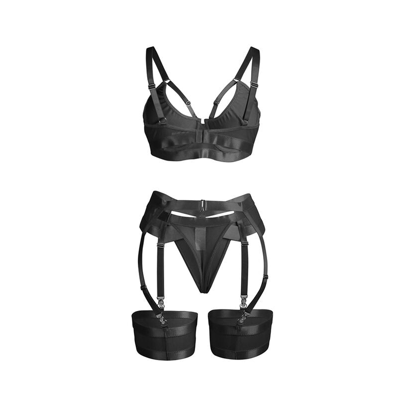 955243 schwarzes Bondage-BH-Set mit Strumpfband L/XL