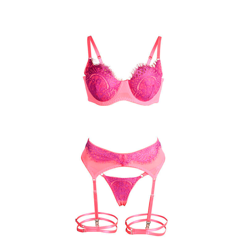 SUBBLIME - 955359 BH-SET MIT SPITZE UND STRUMPFHALTERGÄNGEN ROSA UND LILA S/M
