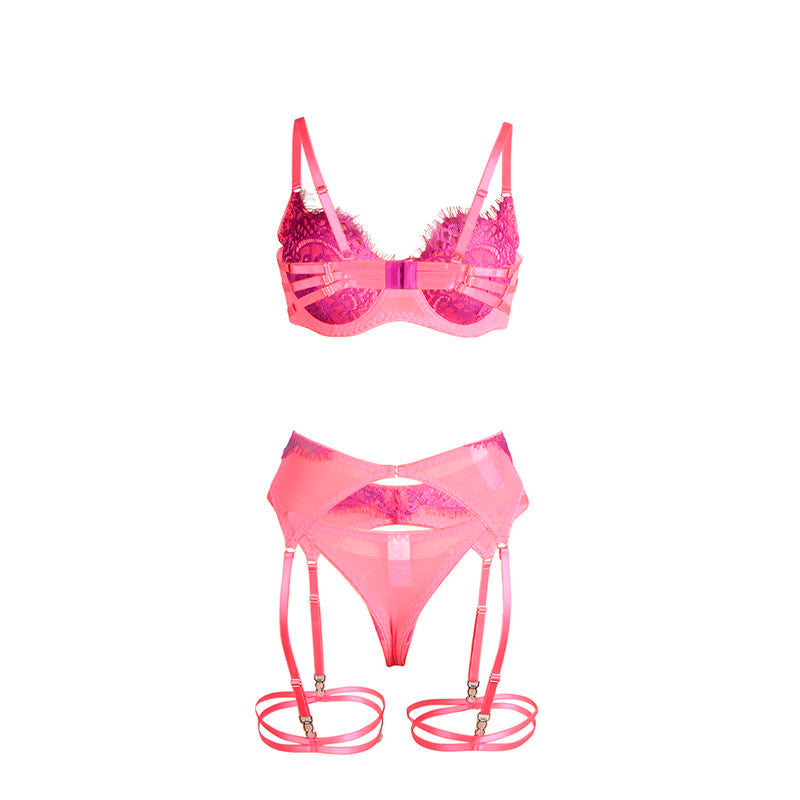 SUBBLIME - 955359 BH-SET MIT SPITZE UND STRUMPFHALTERGÄNGEN ROSA UND LILA S/M