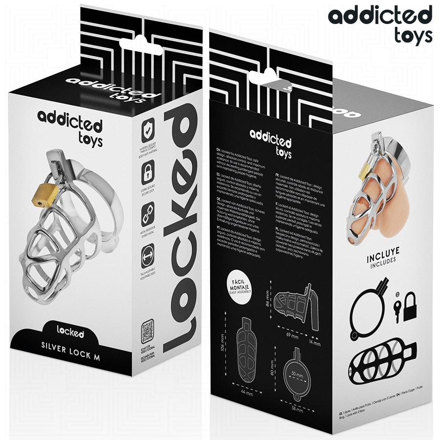 ADDICTED TOYS LOCKED - Metallener Peniskäfig mit silbernem Schloss, Größe M