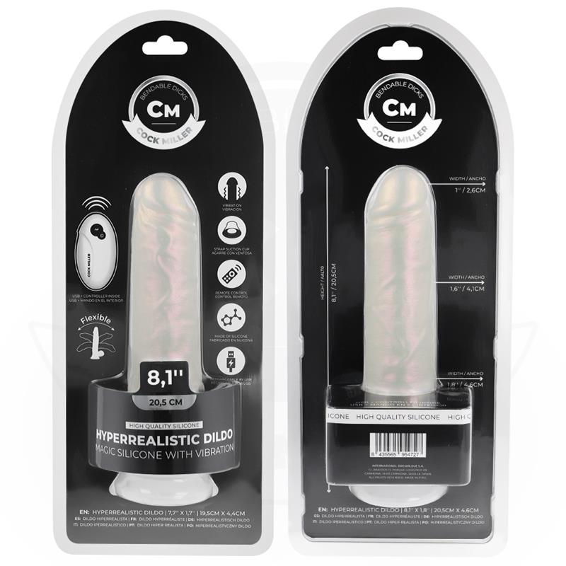 Cock Miller - Dildo mit Saugnapf, Licht und Vibrationen mit Fernbedienung, weiß, 20,5 cm