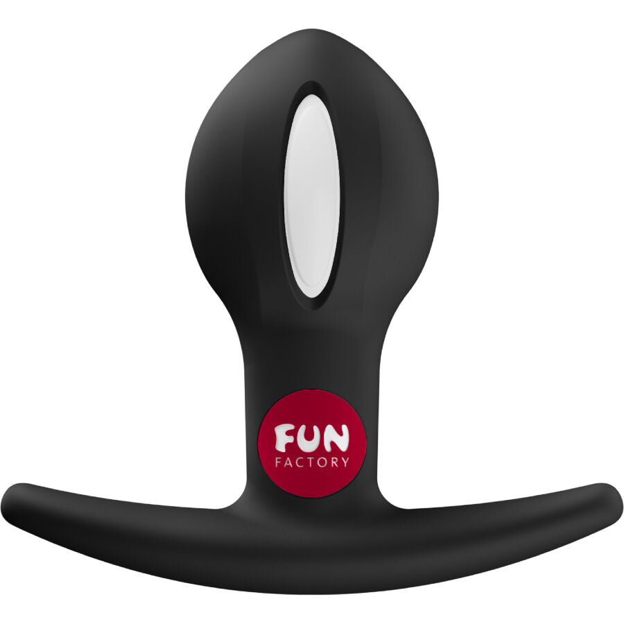 Plug anal B-Ball Uno Fun Factory noir vu de face avec logo rouge sur le col