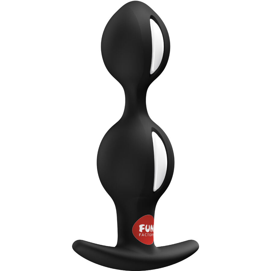 Plug anal B-Balls Duo Fun Factory noir vu de face, deux boules ajourées et base en T