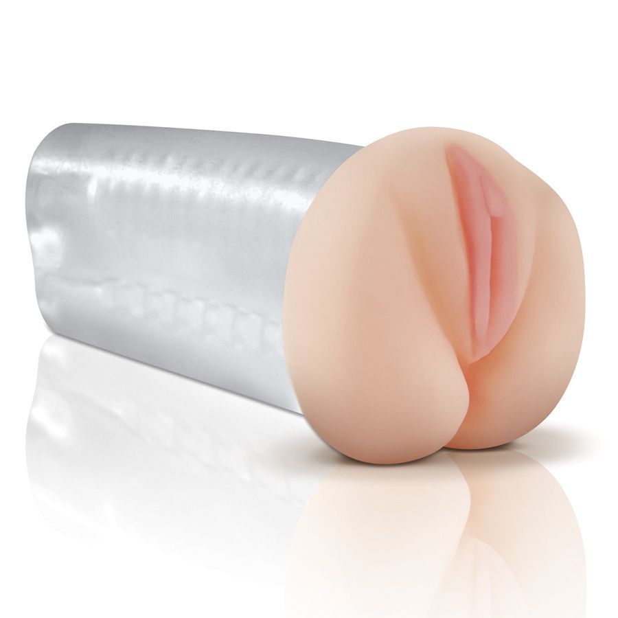 Vaginette transparente Extreme Toyz couchée montrant le canal texturé à travers le manchon