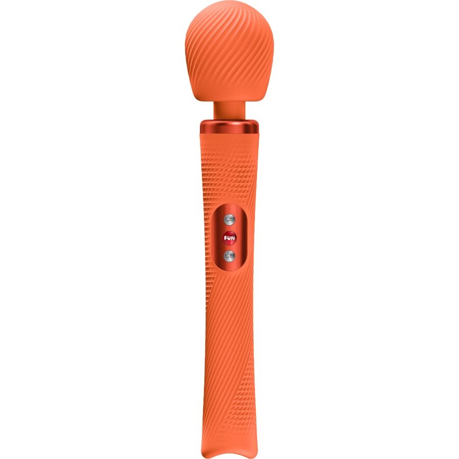 Vibromasseur wand VIM orange de Fun Factory vu de face, tête rainurée et poignée