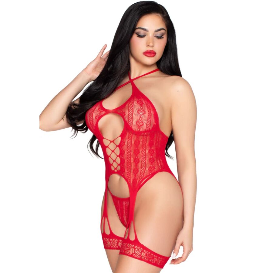 LEG AVENUE - 89338 Offener Spitzenbody mit Strumpfhalter + rotem String - Einheitsgröße