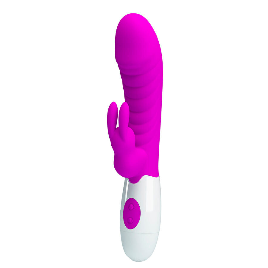 Vibromasseur Naughty Bunny de Pretty Love vu de face, tige nervurée et bouton