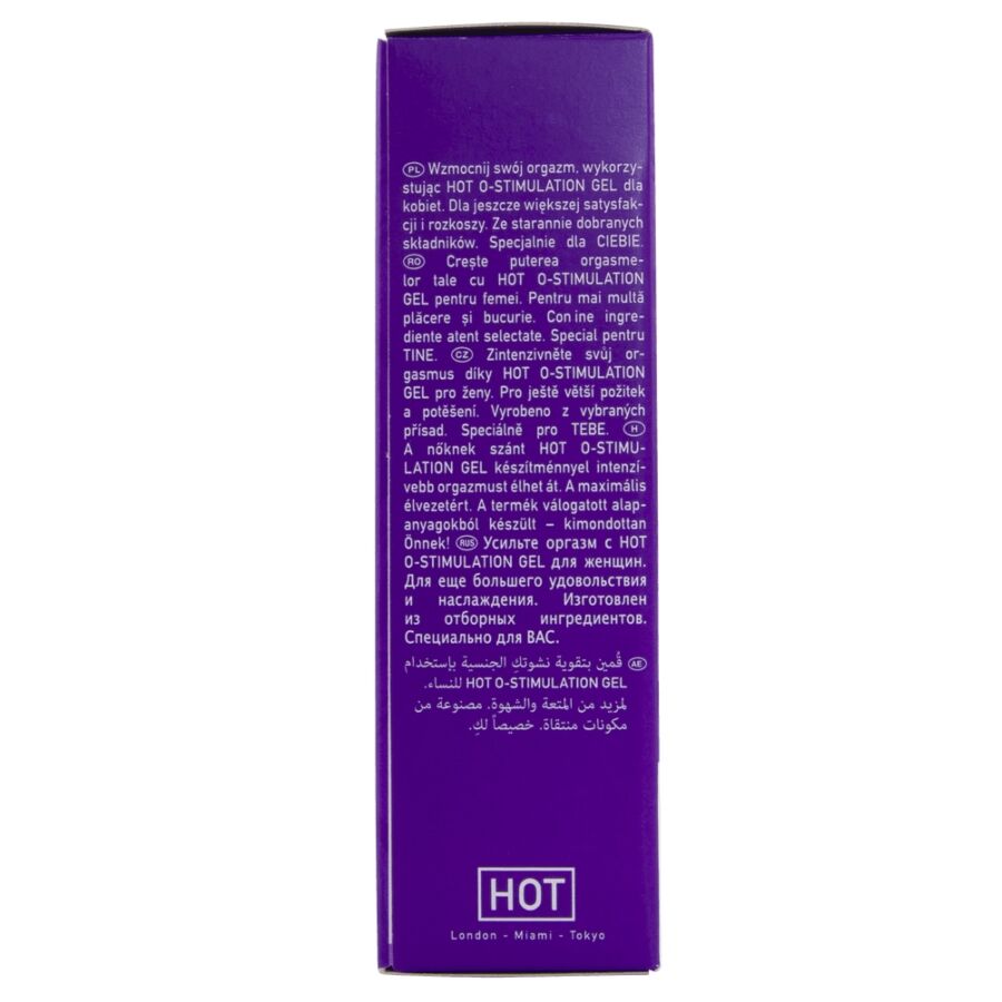 Côté de l'étui violet du gel stimulant féminin de Hot, textes et logo de la marque