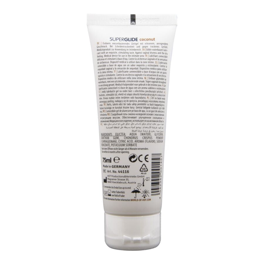 Dos du tube Superglide Coconut HOT avec ingrédients et mentions de fabrication