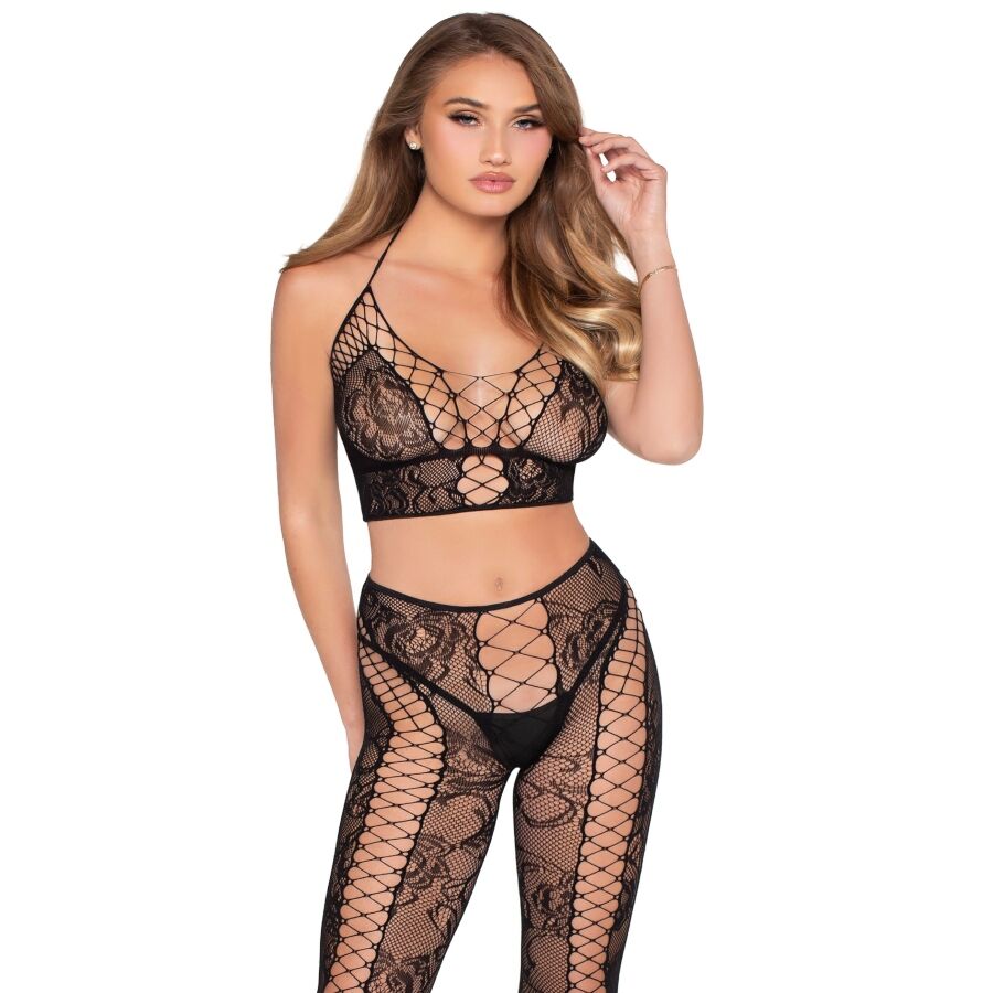 Ensemble Crop Top et Collants Résille Dentelle Col Halter - Leg Avenue