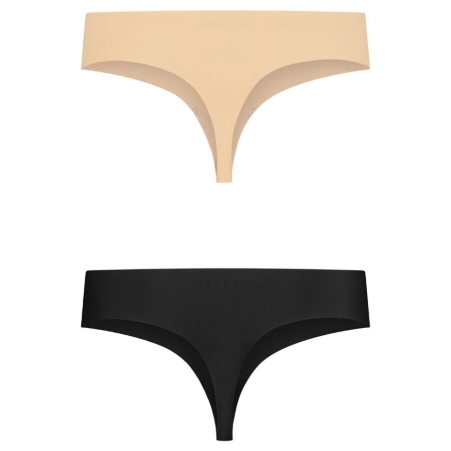Les deux strings invisibles Bye Bra du lot, un beige et un noir, présentés à plat