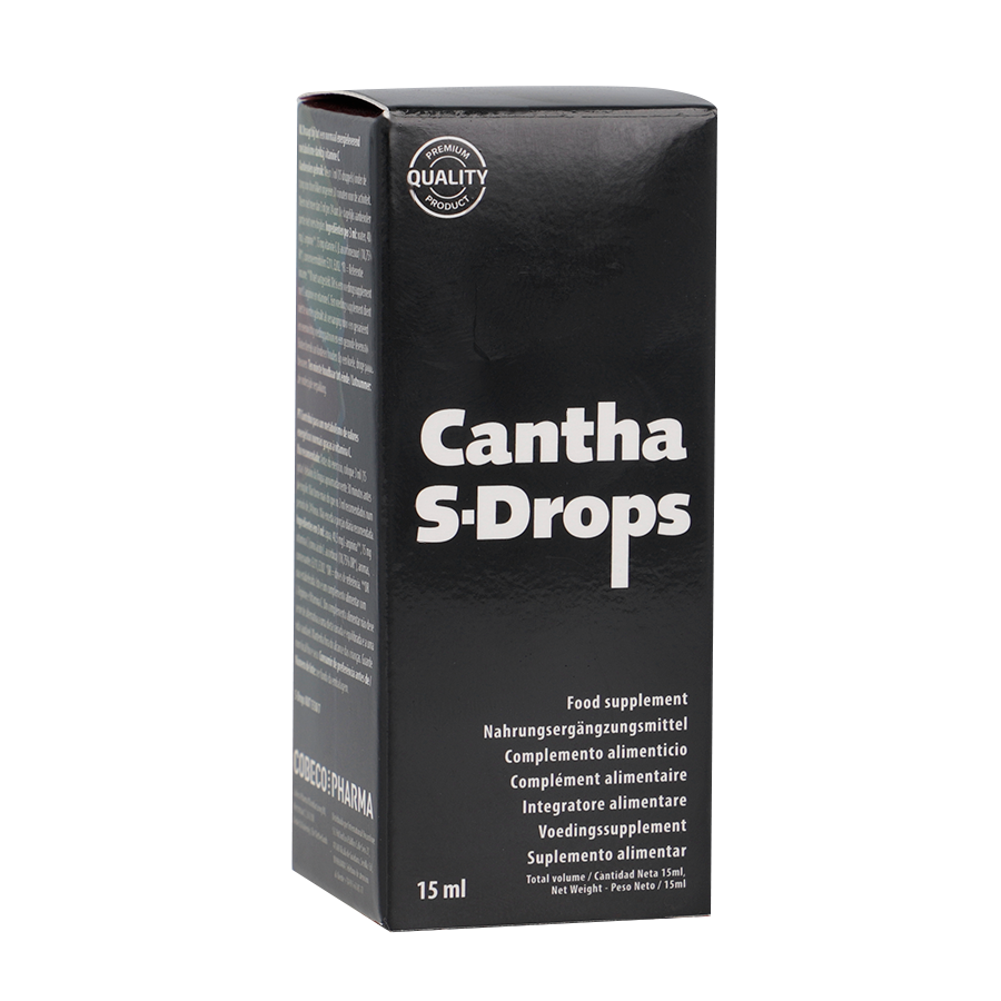 Boîte noire des gouttes Cantha S-Drops de Cobeco Pharma, complément alimentaire 15 ml