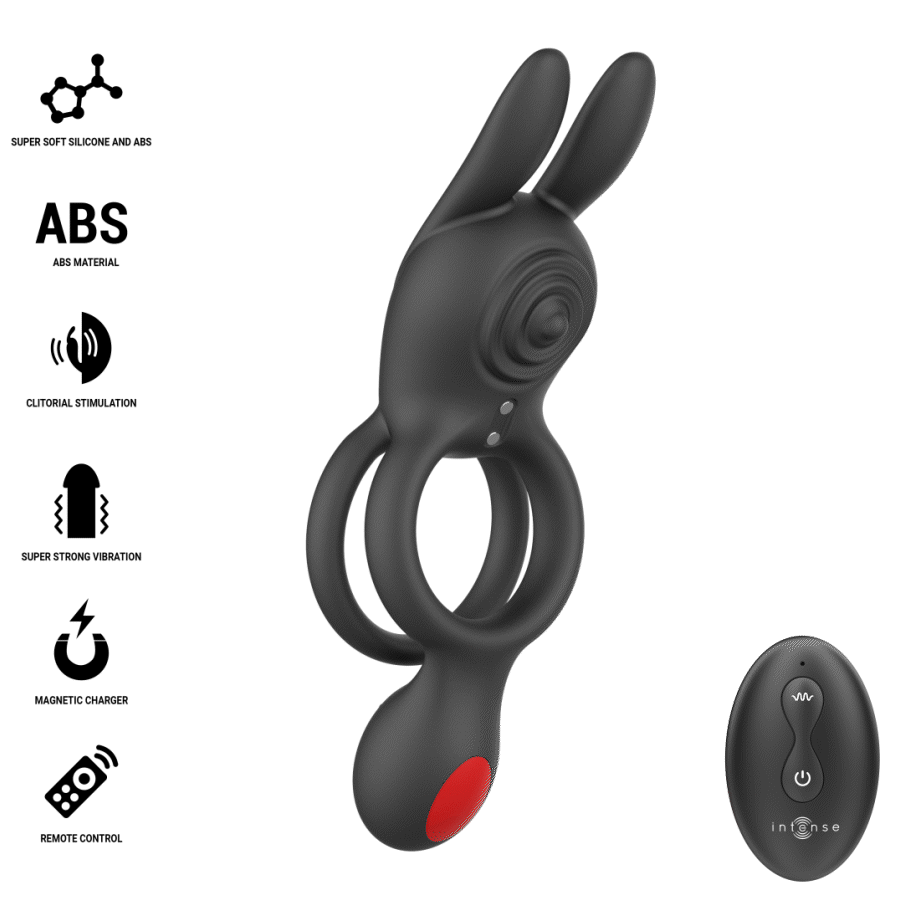 Cockring Quinn d'Intense vu de face avec pictogrammes silicone, ABS et télécommande