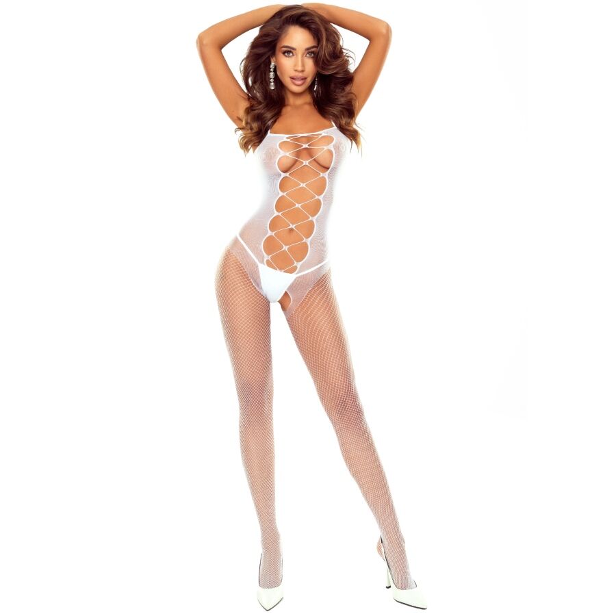 Combinaison Bodystocking Résille à Lacets Décolleté Plongeant 2 Coloris - Passion