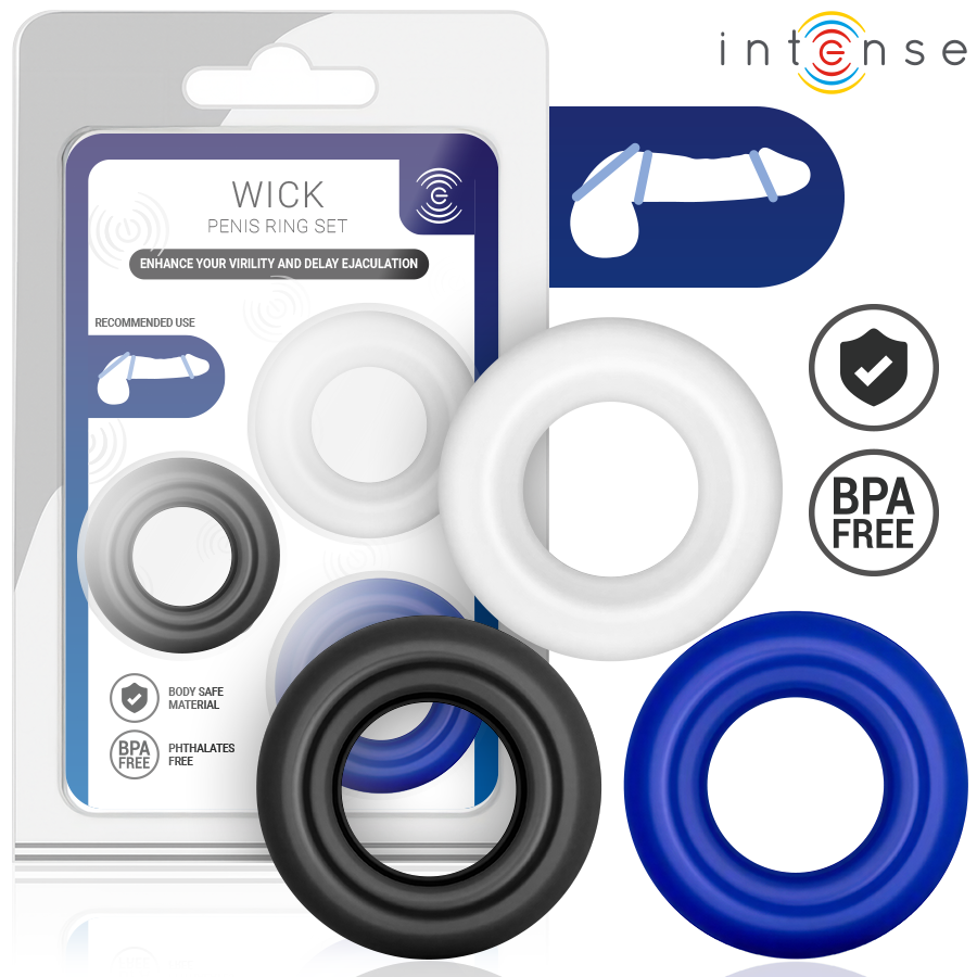 Lot de 3 cockrings Wick d'Intense noir, bleu et blanc devant leur blister