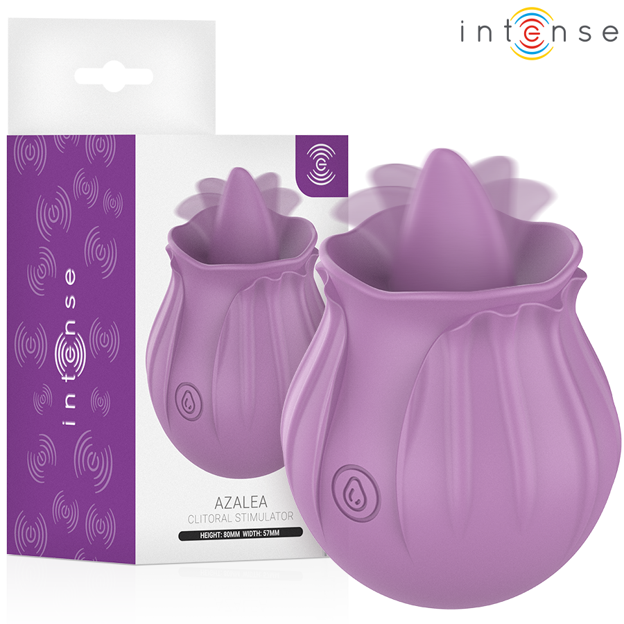 Stimulateur clitoridien rose Azalea violet d'Intense posé devant sa boîte
