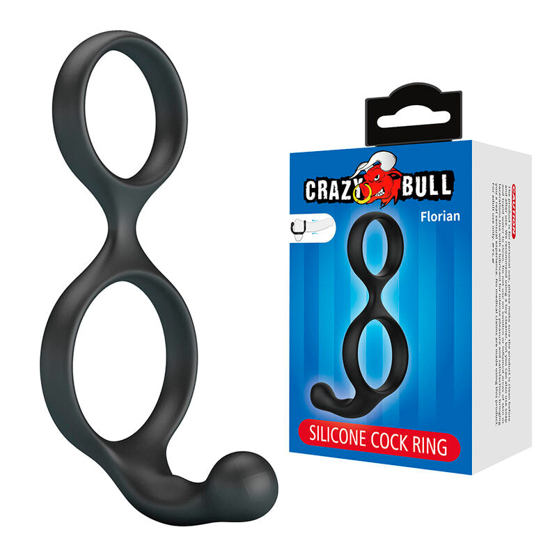 Cockring double anneau Florian de Crazy Bull debout à côté de sa boîte