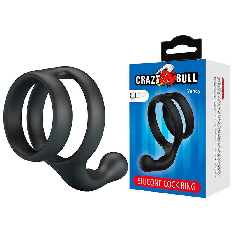 Cockring double anneau Yancy de Crazy Bull posé à côté de sa boîte