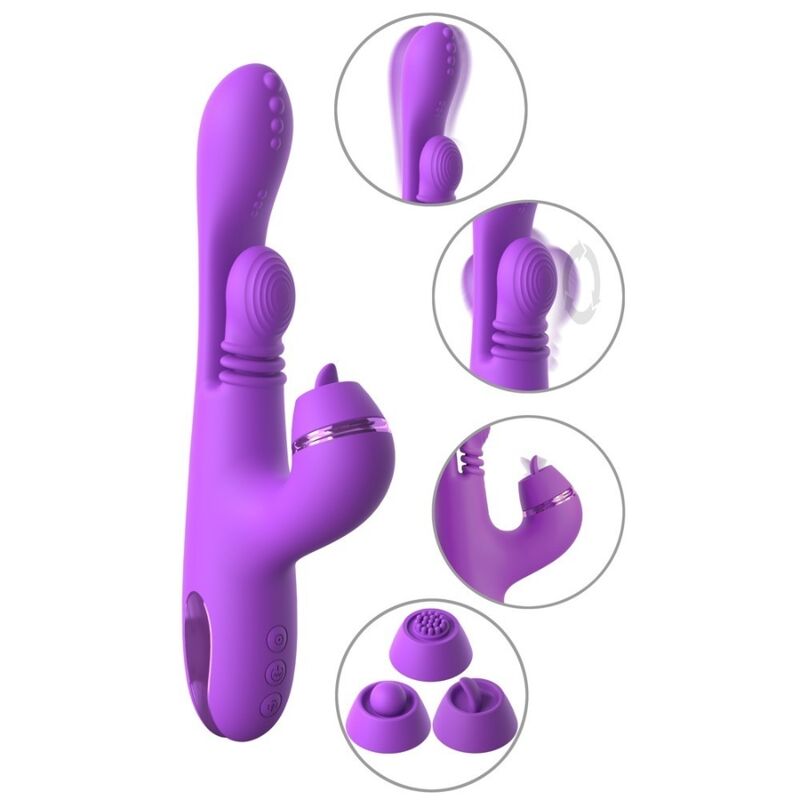 Vibromasseur rabbit Pulse Pro violet de Fantasy et détails de ses embouts clitoridiens