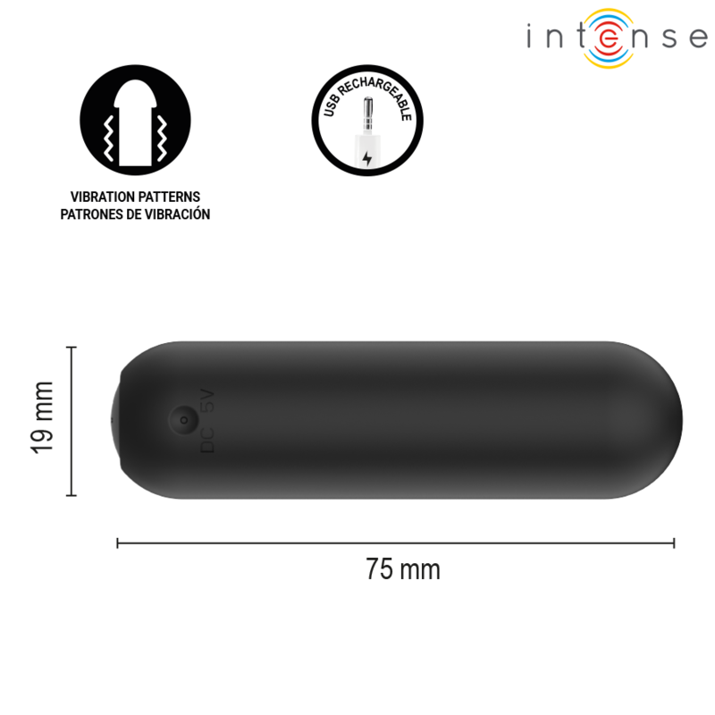 Cotes du bullet Judy noir d'Intense : 75 mm de long pour 19 mm de diamètre
