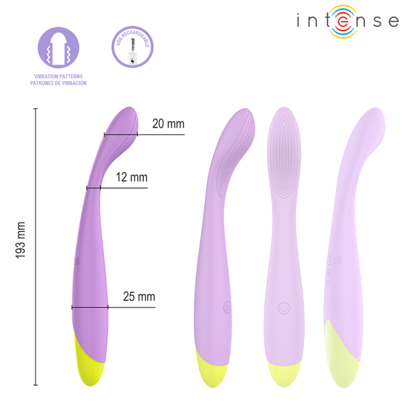 Cotes du vibromasseur Lucca d'Intense : 193 mm de long, vues sous plusieurs angles