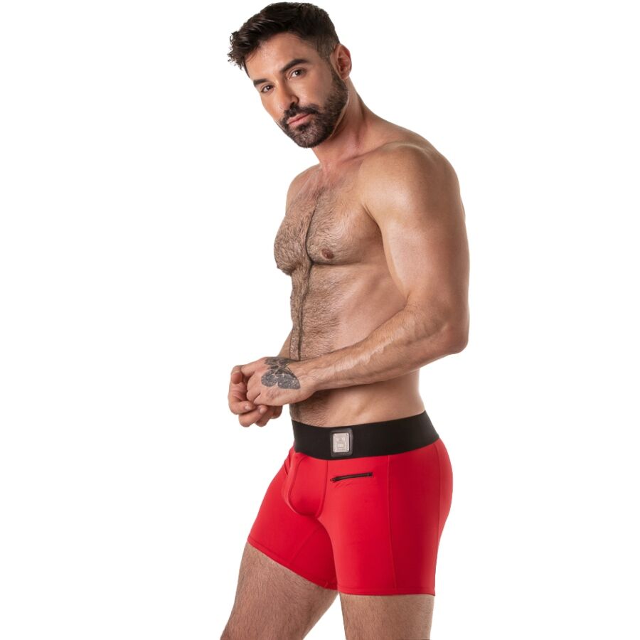 Boxer ouvert Locker Gear rouge vu de côté avec sa large ceinture élastique
