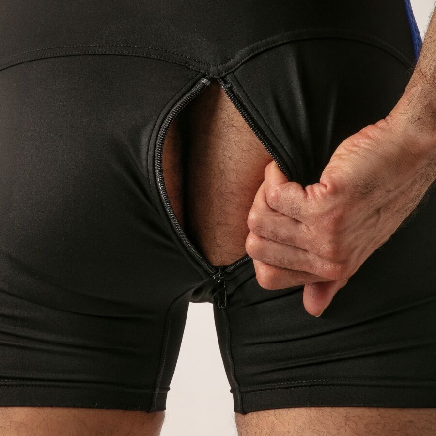 Ouverture zippée arrière du singlet Locker Gear noir et bleu dévoilant les fesses