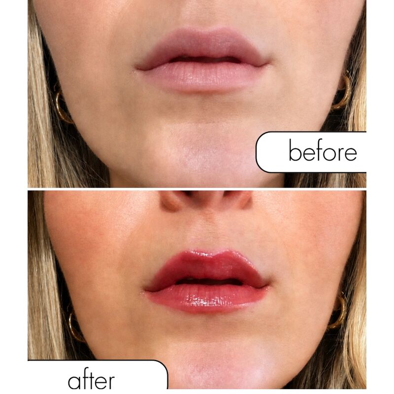 Lèvres avant et après application du gloss rouge Crimson Kiss Eye Of Love