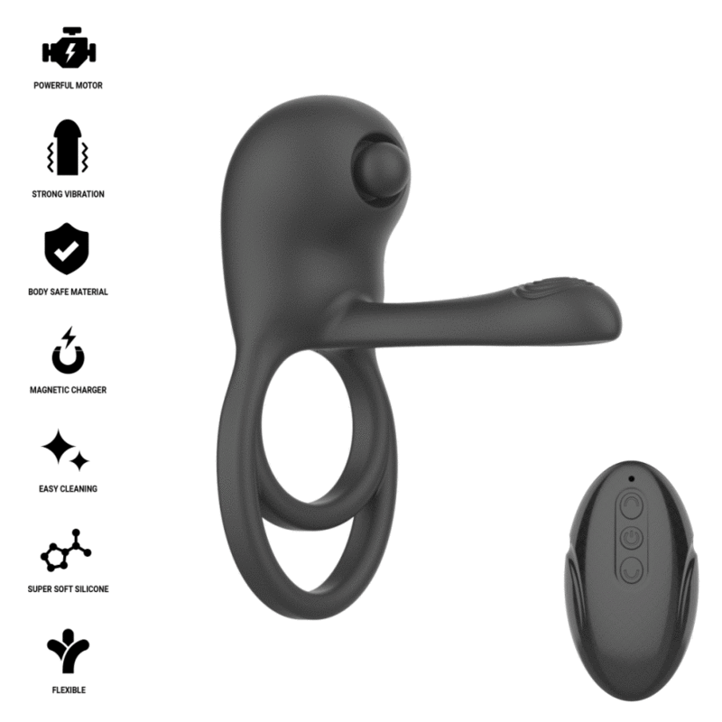 Cockring Spike d'Intense vu de face avec pictogrammes et sa télécommande sans fil