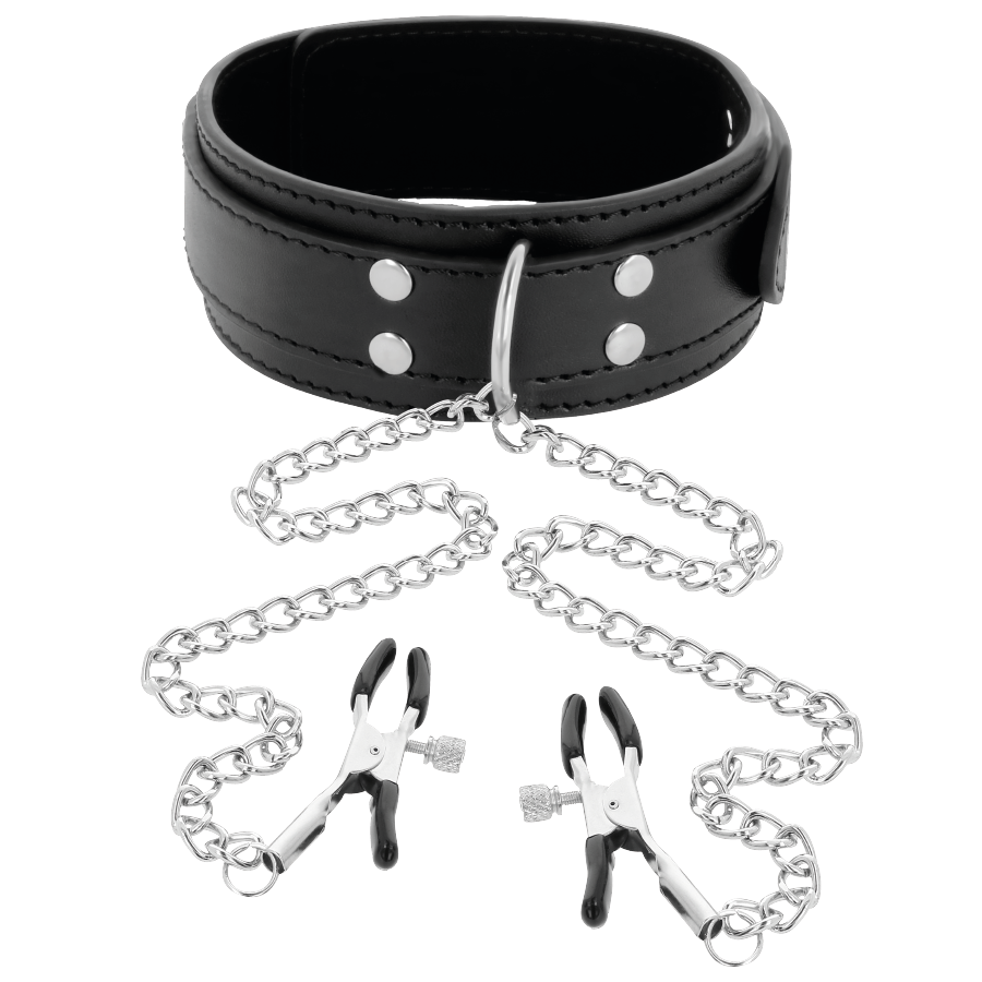 Collier BDSM avec Pinces à Tétons Chaîne Réglable Cuir - Darkness
