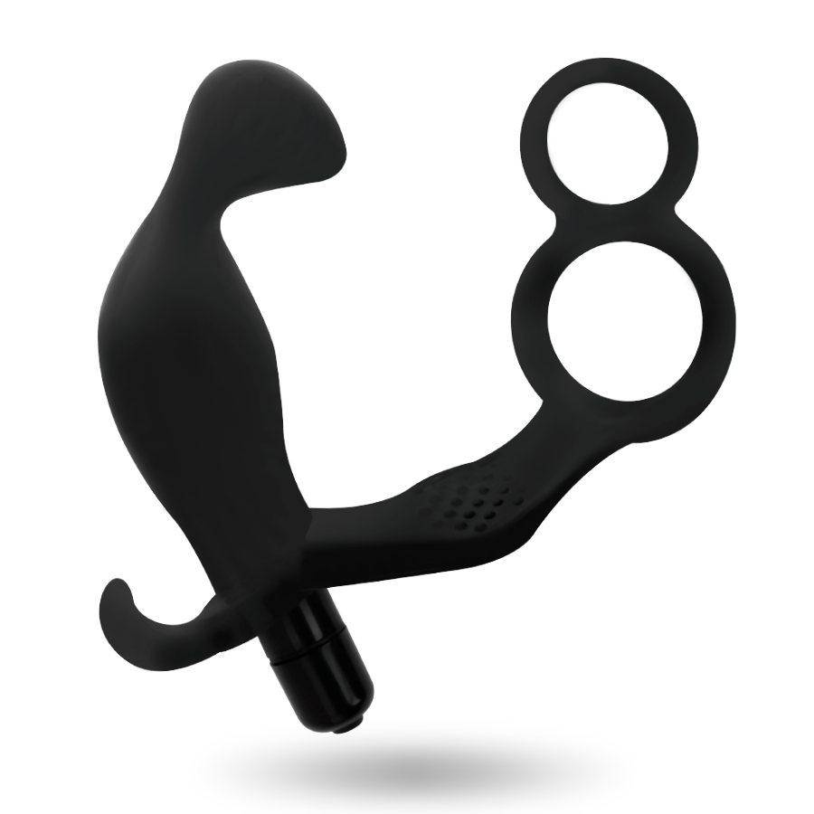 Analplug mit Doppelpenis und Hodenring schwarz