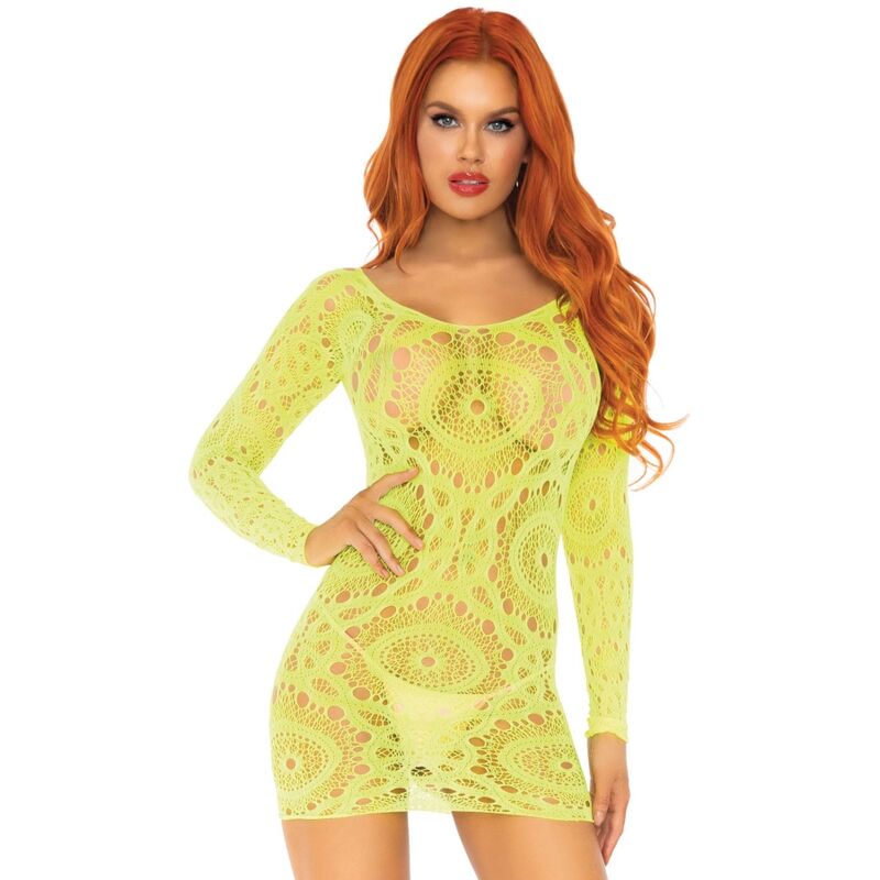 LEG AVENUE - MINI-HÄKELSPITZENKLEID MIT LANGEN NEONÄRMELN, EINHEITSGRÖSSE