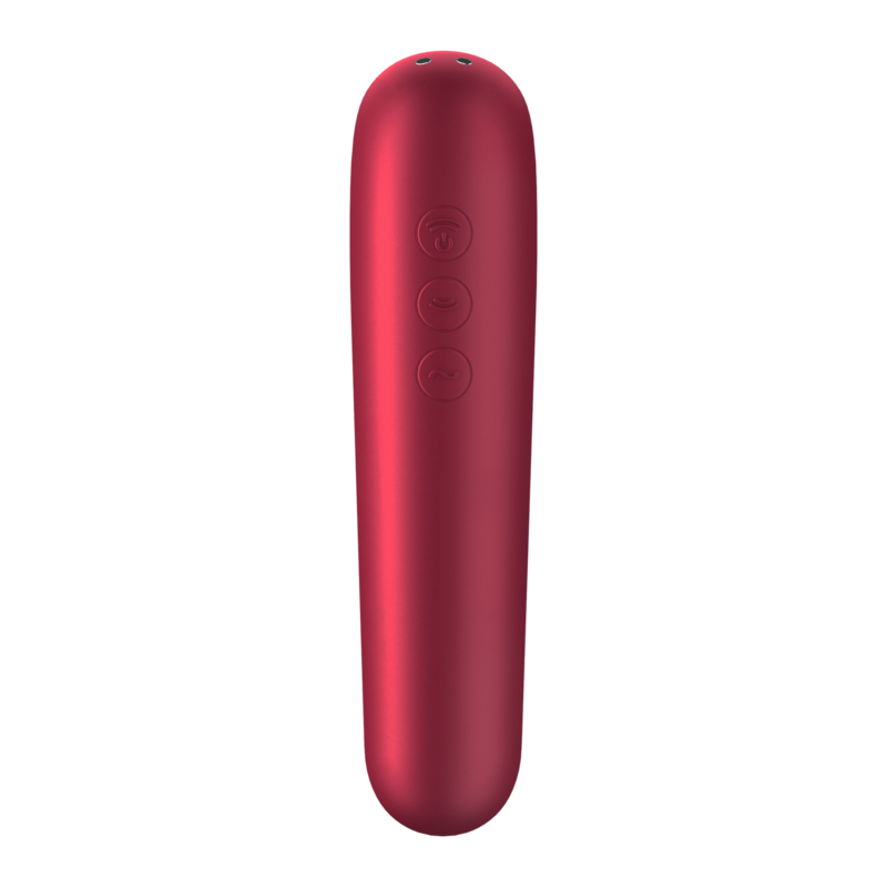 Doppelter Liebesvibrator und Saugnapf mit roter gepulster Luft