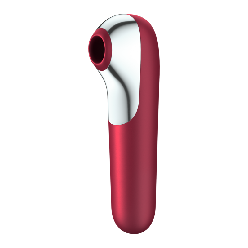 Doppelter Liebesvibrator und Saugnapf mit roter gepulster Luft
