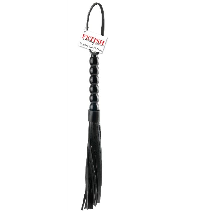 Martinet Cat-o-Nine BDSM Manche Perles de Bois Vinyle 52 cm - Fetish Fantasy