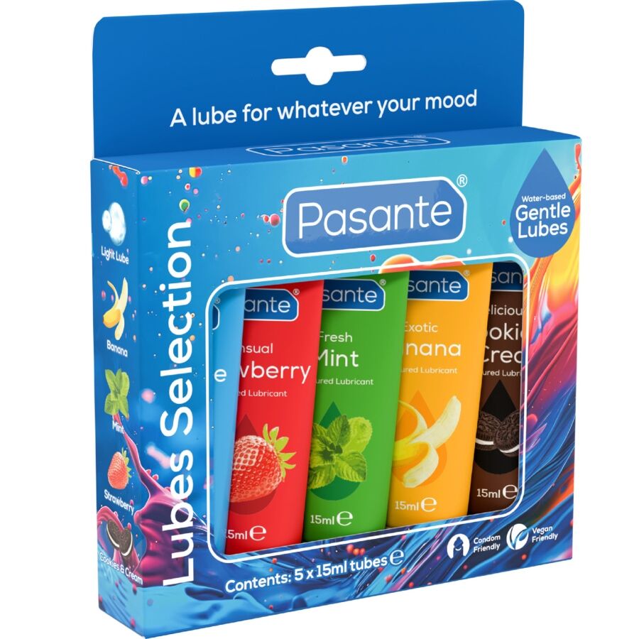 Pack Lubrifiants Aromatisés Base Eau 5 Saveurs Assorties 5 x 15 ml - Pasante