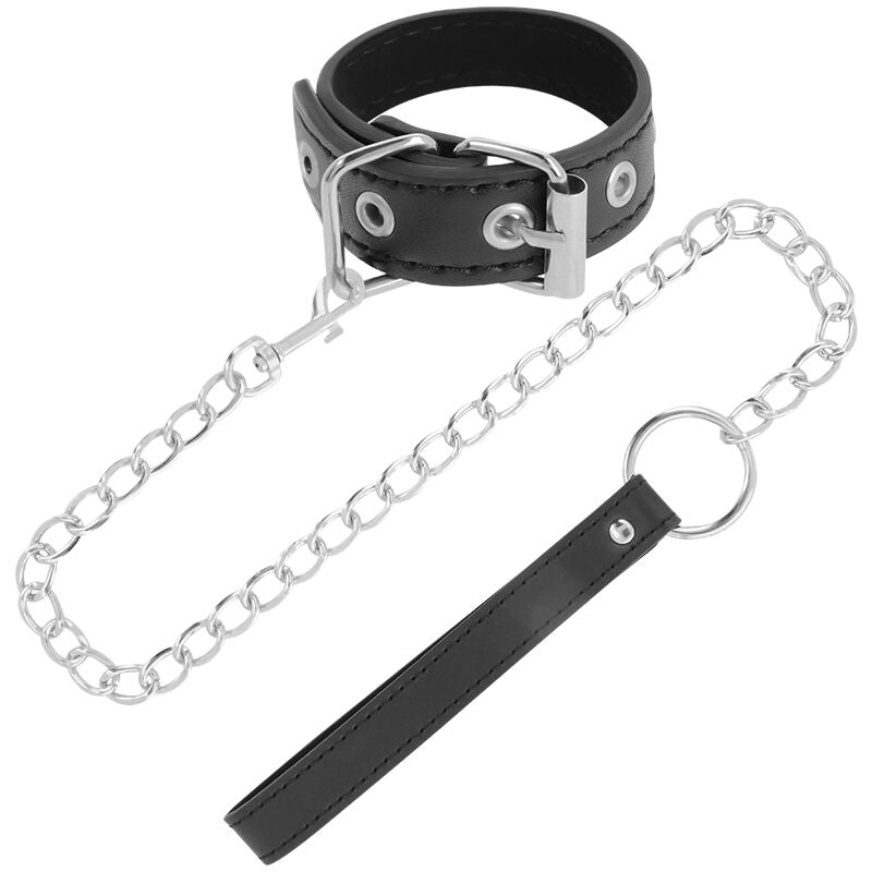 Sangle à Pénis BDSM Cuir Vegan avec Laisse Métal Sans Nickel - Darkness