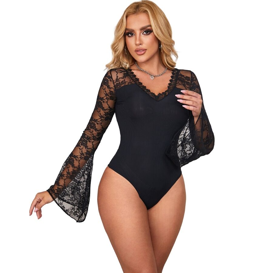 Teddy Sensuel Motif Floral Transparence et Lacets Noir S/M - Subblime